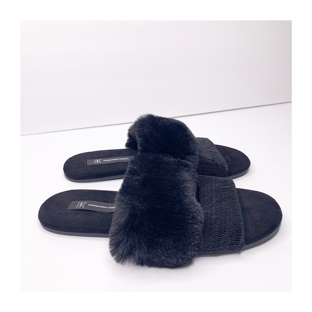 NEW INC Black Double Band Faux Fur Slides Small 5-6 Cozy Chic House Slippers - Picture 2 of 8